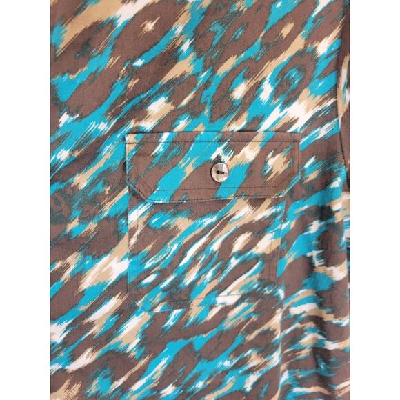 Chico's Additions Brown Teal Abstract Stretch Button Front Top Size 3 = XL (16) - Picture 8 of 11